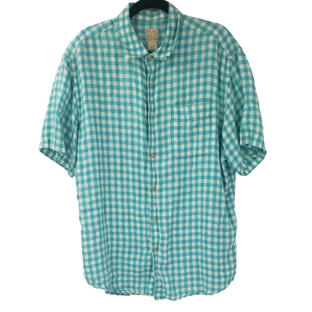 JOS A BANK Linen Blue White Plaid Top - Women's Large